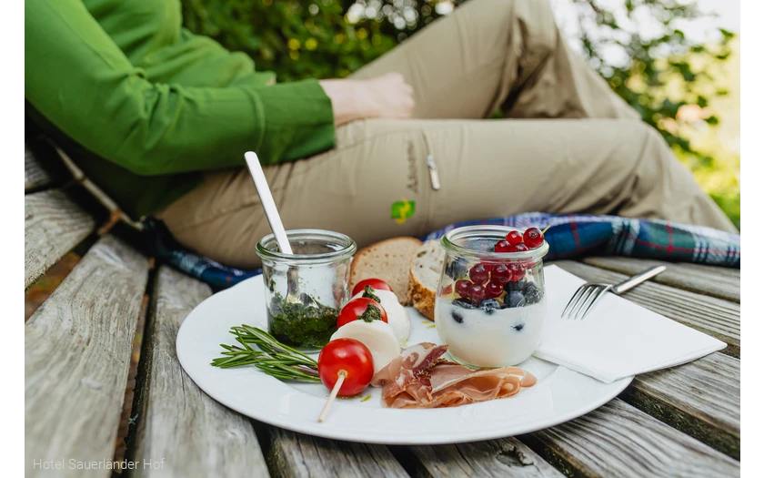 Tischlein-Deck-Dich-Pause auf eine, Rothaarsteig-Waldsofa mit Vorspeisenteller