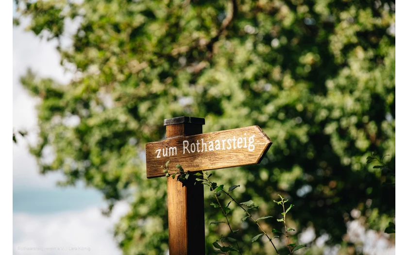 Holzschild mit der Aufschrift "Zum Rothaarsteig"