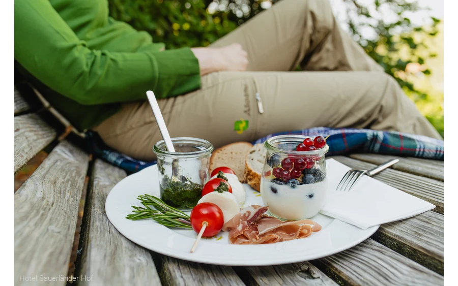Tischlein-Deck-Dich-Pause auf eine, Rothaarsteig-Waldsofa mit Vorspeisenteller