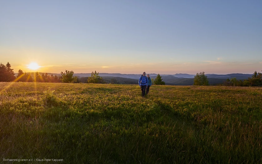 Wandernde im Sonnenuntergang auf dem Kahler Asten
