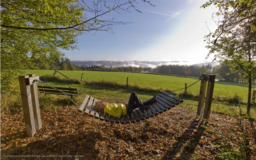 Frau liegt bei Sonnenschein in einer Rothaarsteig-Hängematte