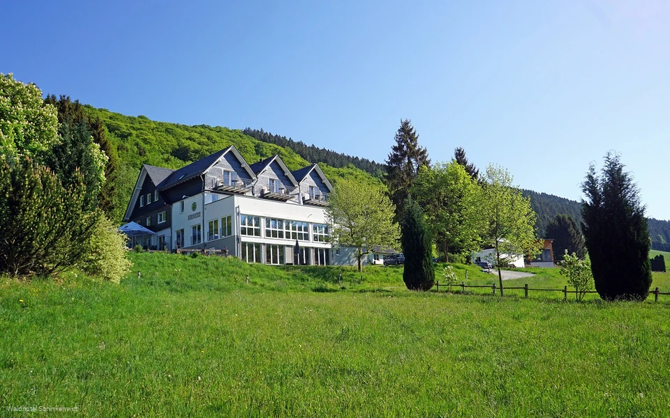 Außenansicht Waldhotel Schinkenwirt mit grüner Wiese im Vordergrund