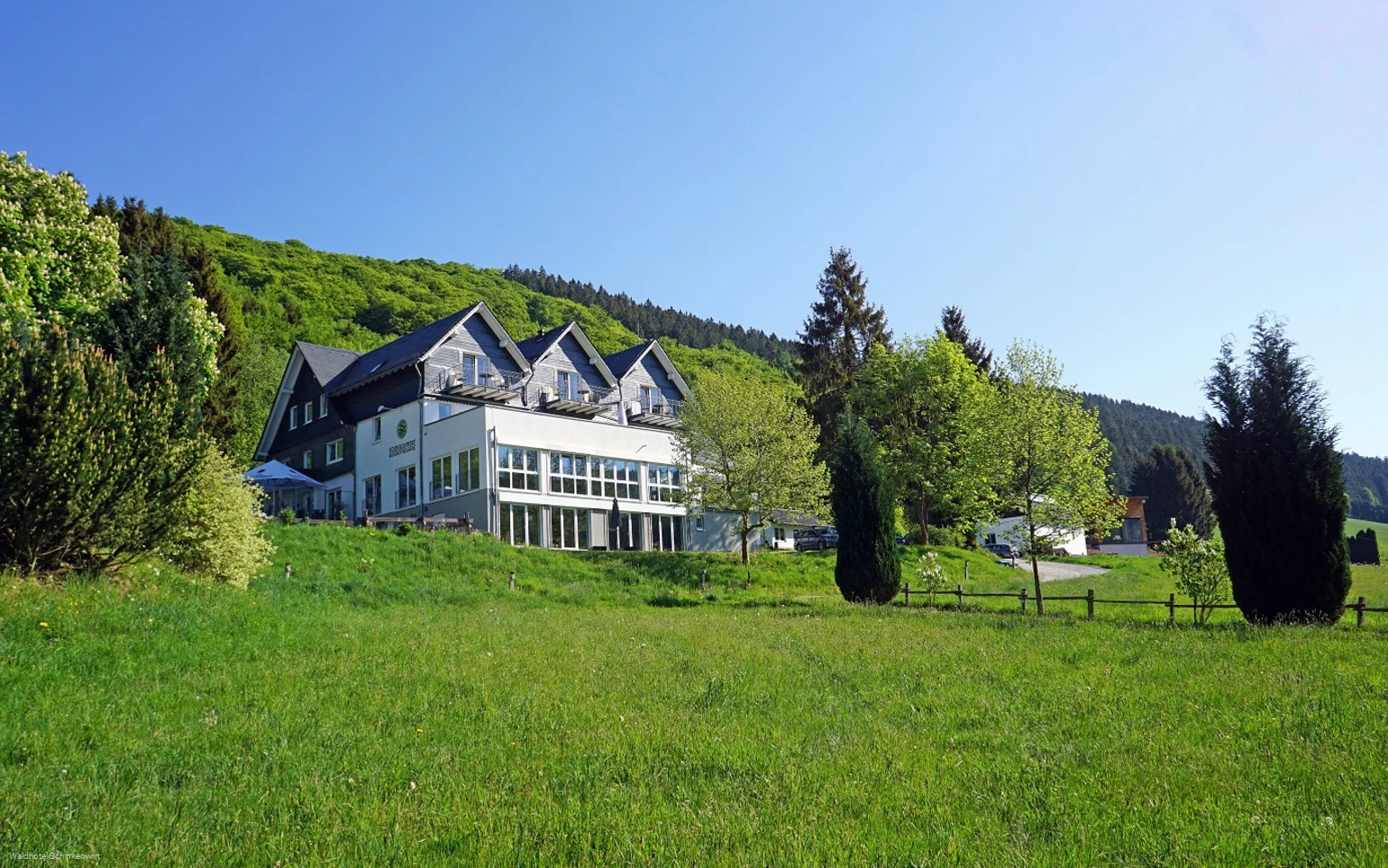 Außenansicht Waldhotel Schinkenwirt mit grüner Wiese im Vordergrund